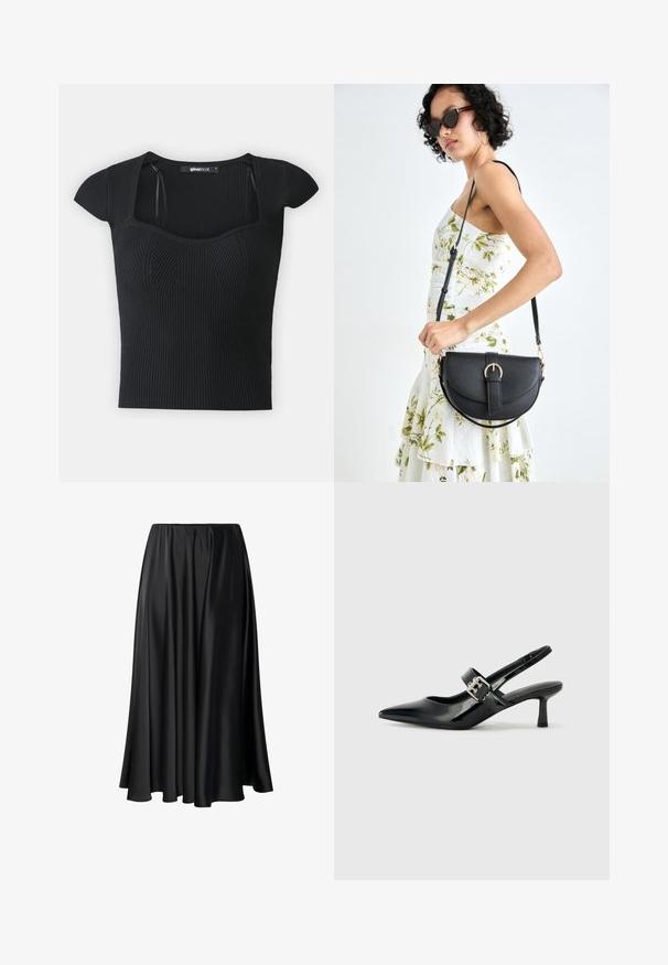 Crna rebrasta pletiva majica s kratkim rukavima, kvadratnim izrezom i teksturiranim detaljima na tijelu. Oznaka vidljiva unutar ovratnika.; Crna maxi suknja od glatkog materijala, s elastičnom waistbandom, punim siluetom i lepršavim rubom bez vidljivih uzoraka ili detalja.; Crne lakirane slingback potpetice s oštrim prstom i malom blok petom, s naglaskom na srebrnoj kopči na remenu.; Crna kožna torba s lukovitim oblikom, odvojivim remenom i zlatnim detaljima. Torba ima preklop s kopčom.
