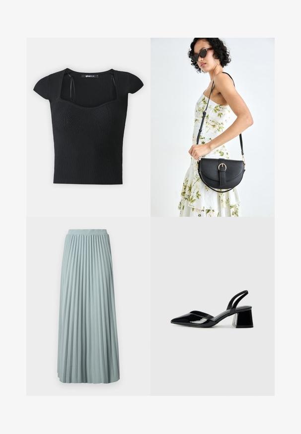 Top tricotat negru cu nervuri, cu mâneci scurte, decolteu pătrat și detalii texturate pe trup. Eticheta este vizibilă în interiorul gulerului.; Fustă maxi plisată, de culoare albastru deschis, cu un brâu elastic lat. Fabricată dintr-un material neted, având plisuri verticale și o siluetă fluidă.; Pantofi cu toc slingback din piele lacuită neagră, cu vârf ascuțit și toc geometric. Prezintă un design elegant, minimalist și o textură netedă.; Geantă din piele neagră, cu o formă curbată, curea detașabilă și accesorii aurii. Geanta are un capac cu un detaliu tip cataramă.