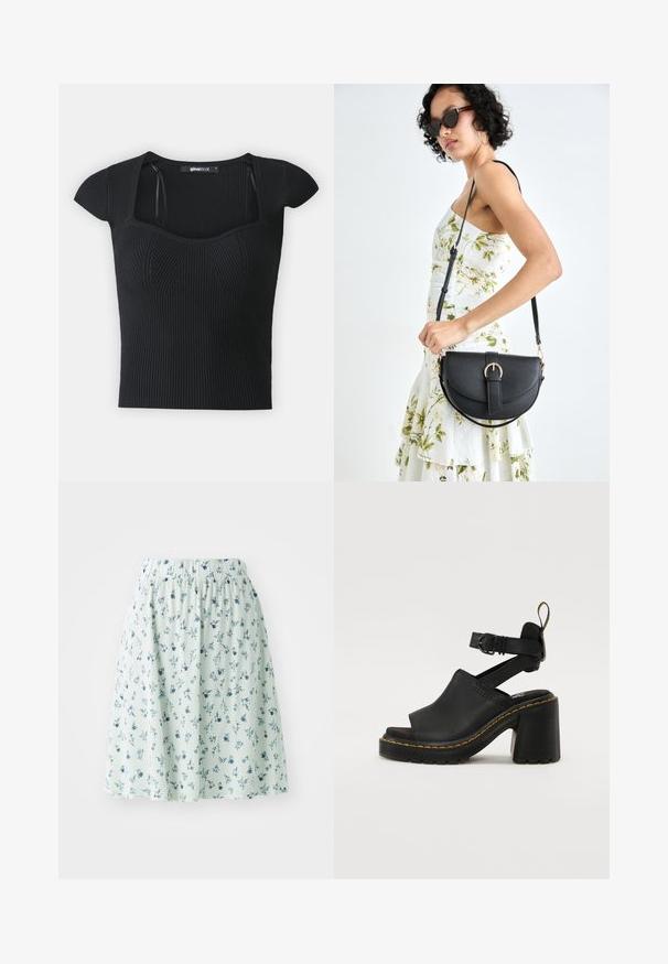 Top tricotat negru cu nervuri, cu mâneci scurte, decolteu pătrat și detalii texturate pe trup. Eticheta este vizibilă în interiorul gulerului.; Fustă florală cu talie elastică, realizată dintr-un material ușor. Prezintă o bază verde mentă cu mici modele florale albastre și albe.; Sandale negre cu toc, cu vârf deschis, curea ajustabilă la gleznă, superior din piele netedă și talpă din cauciuc texturat cu detalii de cusătură galbenă.; Geantă din piele neagră, cu o formă curbată, curea detașabilă și accesorii aurii. Geanta are un capac cu un detaliu tip cataramă.