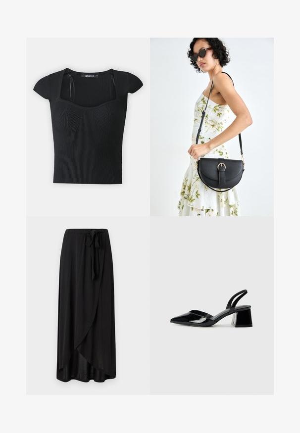 Juodas dryžuotas megztinis su trumpomis rankovėmis, kvadratiniu iškirpimu ir tekstūriniu detalizavimu ant liemens. Etiketė matoma viduje apykaklės.; Juodas maksi sijonas, pagamintas iš lengvo audinio, su apvyniojimo dizainu, reguliuojamu juosmens raiščiu ir laisvu siluetu su apvalia apačia.; Juodos lakuotos odinės šlepetės su smailiu pirštu ir geometriniu bloko kulnu. Turi elegantišką, minimalistinį dizainą ir lygų paviršių.; Juodas odinis krepšys su išlenkta forma, nuimamu dirželiu ir auksiniais detalėmis. Krepšys turi kilpą su sagtimi.