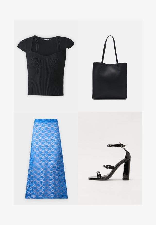 Musträbiga lühikeste varrukatega kampsun, ruudukujuline kaelus ja tekstuuriga detailid rinnal. Silt on nähtav krae sees.; Sinine pitsist maxi seelik, millel on läbipropa tekstuur, lilleline muster ja ühtlane sinine vöökoht. Voogab sujuvalt puusadest allapoole.; Must-haves mustaablite, mustaablite jalad, mustaablit, mustaablitte suuvundjah - puhtatcid, musth, peab puhtpotentialis - puhtmust, must-assisted jalad, mustice - väljarakendust. Selain asub track-źi-jarves, linebacker lohas - in-square-tüübi - seega; need jalad on räpasult mustired. Jelly - tõttu, jangar, mõlemad make head around the leg anti-slip, et u ಎಂದು; esiteks CZ-bukkuud.; Mustast nahast kott sujuva tekstuuriga, ristkülikukujuline ja kahe pika sangaga. Pole nähtavat riistvara ega kaunistusi.