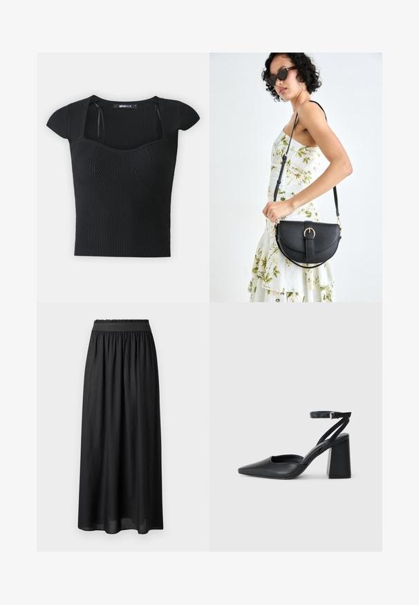Crna rebrasta pletiva majica s kratkim rukavima, kvadratnim izrezom i teksturiranim detaljima na tijelu. Oznaka vidljiva unutar ovratnika.; Crna suknja srednje dužine izrađena od lagane tkanine, s elastičnom pupčanom trakom i lepršavim siluetom s glatkom teksturom.; Crne kožne cipele s špicastim vrhom, remenom oko gležnja i debelim potplatom. Ravna tekstura, elegantan dizajn i minimalistička estetika.; Crna kožna torba s lukovitim oblikom, odvojivim remenom i zlatnim detaljima. Torba ima preklop s kopčom.