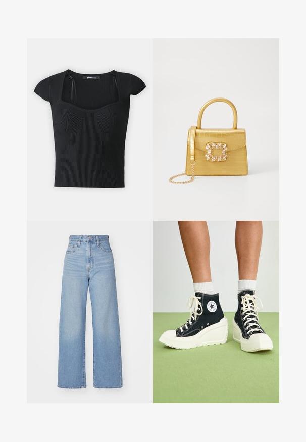 Top en tricot côtelé noir à manches courtes, décolleté carré et détails texturés sur le buste. Étiquette visible à l'intérieur du col.; Jean large taille haute bleu clair avec bouton et fermeture éclair à l'avant, poches avant et arrière, sur fond blanc.; Baskets montantes noires avec une semelle plateforme blanche surélevée, dotées de lacets blancs et d'un logo arrondi sur le côté. Matériau en toile texturée.; Sac à main en faux crocodile jaune avec un design structuré, une poignée supérieure, une bandoulière en chaîne amovible, et un ornement cristallin décoratif sur le fermoir.