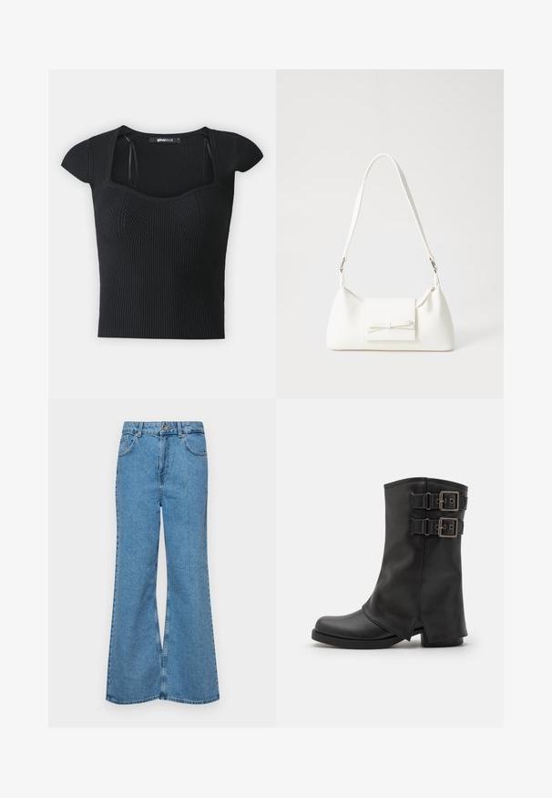 Top negro de punto acanalado con mangas cortas, escote cuadrado y detalles texturizados en el cuerpo. Etiqueta visible dentro del cuello.; Jeans acampanados de color azul claro hechos de denim, con una cintura alta, cinco bolsillos y un cierre de botón. Textura suave con acabado desgastado.; Even&Odd Botas camperas - black; Bolso sintético blanco con forma triangular, tapa frontal plana y detalle de lazo, correa ajustable, textura suave y diseño minimalista.