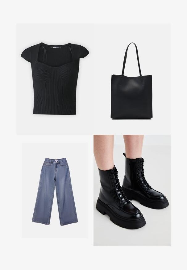 Fekete bordázott kötött felső rövid ujjakkal, négyzet alakú dekoltázzsal és texturált díszítéssel a test részen. Címke látható a gallér belső részén.; Széles szárú farmernadrág világoskék mosásban, magas derékkal, elülső zsebekkel és gombos záródással, övlyukakkal.; Fekete bőr bokacsizma vastag talppal, fűzős elöl és oldalsó cipzárral; sima felület jellemzi és kiemelt orrész.; Fekete bőrtáska sima felszínnel, téglalap alakú, két hosszú füllel. Nincs látható fémkiegészítő vagy díszítés.