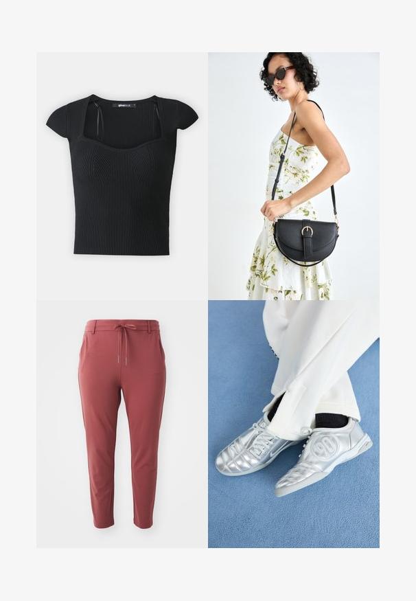 Juodas dryžuotas megztinis su trumpomis rankovėmis, kvadratiniu iškirpimu ir tekstūriniu detalizavimu ant liemens. Etiketė matoma viduje apykaklės.; Raudoni tamprūs kelnių, su raišteliu juosmens, siaurėjančiomis kojomis ir šoninėmis kišenėmis, pasižymintys lygiu tekstūru ir kasdienišku dizainu.; Sidabriniai sportiniai batai su lygiu, blizgiu paviršiumi, turintys siuvinėtą dizainą ir numerį 90 šone, derinami su baltais kelnėmis.; Juodas odinis krepšys su išlenkta forma, nuimamu dirželiu ir auksiniais detalėmis. Krepšys turi kilpą su sagtimi.