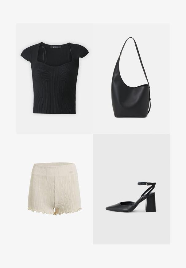 Crna rebrasta pletiva majica s kratkim rukavima, kvadratnim izrezom i teksturiranim detaljima na tijelu. Oznaka vidljiva unutar ovratnika.; Pamuk šorc u boji slonovače s teksturiranim vertikalnim crtama, valovitim rubom i glatkim pojasom s malim logotipom.; Crne kožne cipele s špicastim vrhom, remenom oko gležnja i debelim potplatom. Ravna tekstura, elegantan dizajn i minimalistička estetika.; Crna kožna hobo torba s glatkom teksturom, zakrivljenim oblikom i jednom podesivom trakicom; ima širok otvor na vrhu.