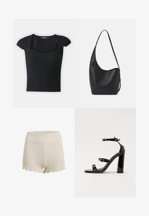 Top en tricot côtelé noir à manches courtes, décolleté carré et détails texturés sur le buste. Étiquette visible à l'intérieur du col.; Shorts en coton blanc cassé avec des lignes verticales texturées, un ourlet festonné et une taille lisse ornée d'un petit logo.; Sandales à talons hauts en cuir verni noir avec deux brides à boucles, bout carré et talon bloc épais, présentant une texture lisse et brillante.; Sac hobo en cuir noir avec une texture lisse, une forme incurvée et une seule sangle réglable ; dispose d'une large ouverture en haut.
