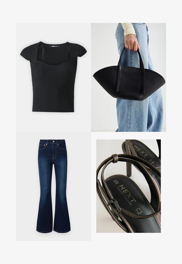 Top tricotat negru cu nervuri, cu mâneci scurte, decolteu pătrat și detalii texturate pe trup. Eticheta este vizibilă în interiorul gulerului.; Blugi evazați de culoare albastru închis, cu talie înaltă, fabricați din denim. Prezintă accesorii de culoare cupru și un design clasic cu cinci buzunare. Textură netedă.; Sandale negre cu toc, având un design elegant al bretelelor. Tălpica interioară are inscripția "URMĂTOR FORTĂ DE CONFORT" împreună cu mărimea 6½ și 40.; Geantă de piele neagră cu o formă unică de evantai, având mânere plate. Suprafața are o textură cu mici granule și un design minimalist.