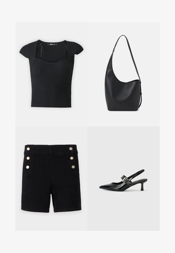 Melnā ribota trikotāžas blūze ar īsām piedurknēm, kvadrātveida izgriezumu un struktūras detaļām uz ķermeņa. Etiķete redzama iekšpusē apkaklītē.; Melni džinsi šorti ar augsto vidukli, ar zeltainām pogām sānos, piecu kabatu dizains un taisna griezuma apakša.; Melnas lakotas ādas sūkņa kurpes ar norādītu purngali un mazu bloku papēdi, ar sudraba sprādzi akcentā uz jostas.; Melnas ādas hobo soma ar gludu tekstūru, izliekta forma un vienu regulējamu jostu; augšā ir plaša atvere.