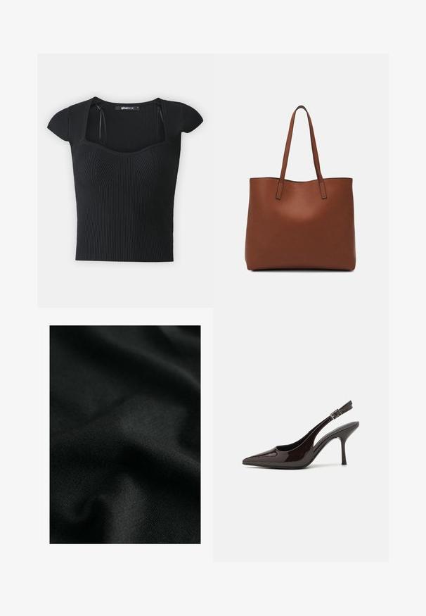 Černý pletený top s krátkými rukávy, čtveratým výstřihem a texturou na těle. Štítek viditelný uvnitř límce.; Černá bavlněná tkanina s hladkým povrchem, zobrazující jemné vlnění a subtilní úpletové vzory. Materiál poskytuje měkký, flexibilní skluz.; Slingback lodičky na vysokém podpatku z lesklé tmavě hnědé lakované kůže, s špičatou špičkou, otevřenými stranami a nastavitelným páskem kolem kotníku.; Hnědá kožená taška přes rameno s hladkou texturou, otevřeným designem a dvěma ramenními popruhy. Obsahuje minimální švy a žádné viditelné kovové prvky.