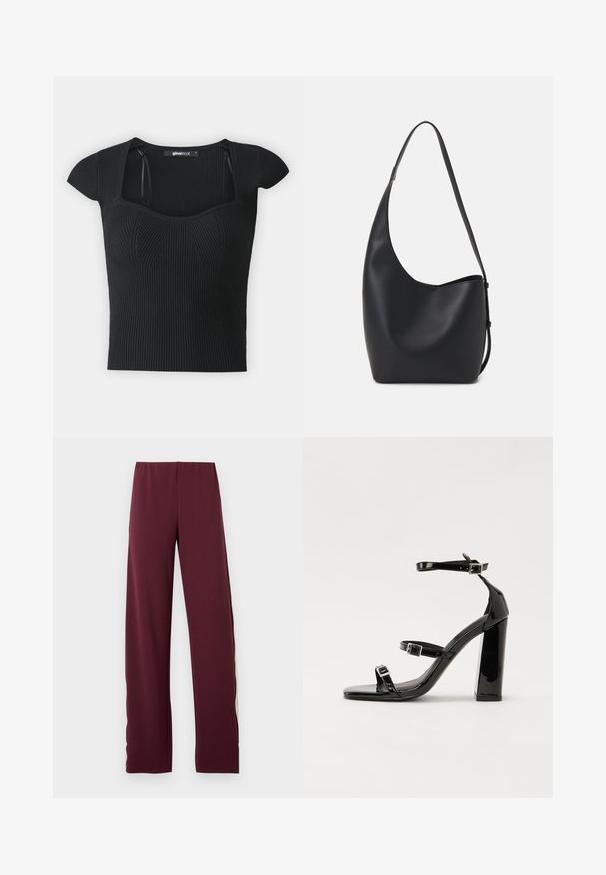 Schwarzes, geripptes Strickoberteil mit kurzen Ärmeln, quadratischem Ausschnitt und strukturierten Details im Oberteil. Etikett im Kragen sichtbar.; Bordeauxfarbene Sporthose mit elastischem Bund, ausgestattet mit einem kontrastierenden olivgrünen seitlichen Streifen, geradem Schnitt und glatter Textur.; Schwarze Lackleder-Sandalen mit hohen Absätzen, zwei Riemen mit Schnallen, quadratischer Zehenpartie und klobigem Blockabsatz, mit einer glatten, glänzenden Textur.; Schwarze Leder-Hobo-Tasche mit einer glatten Textur, geschwungener Form und einem einzelnen verstellbaren Tragegurt; verfügt über eine weite Öffnung am oberen Ende.