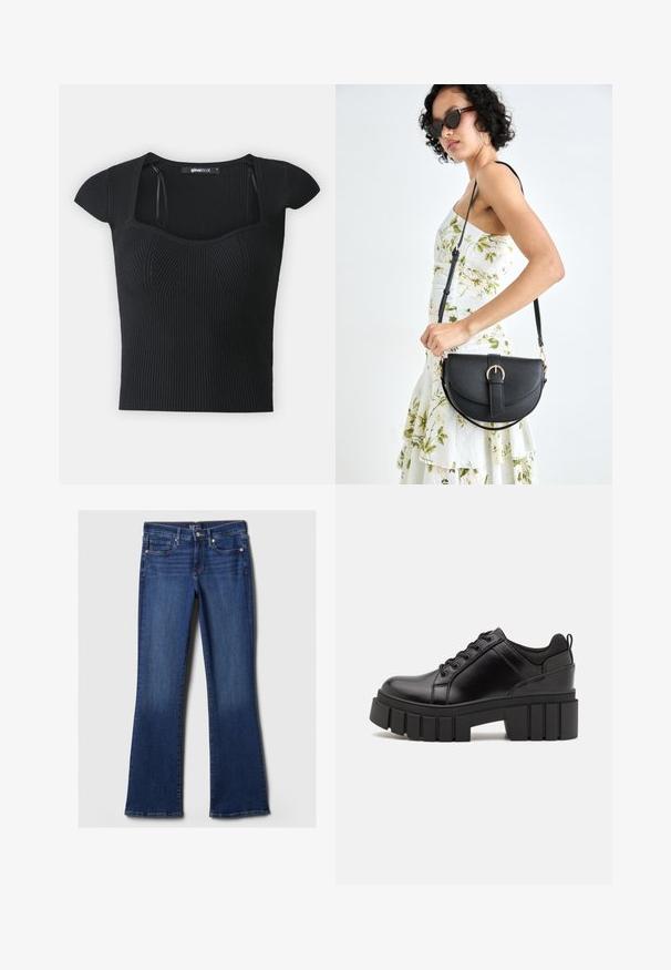 Fekete bordázott kötött felső rövid ujjakkal, négyzet alakú dekoltázzsal és texturált díszítéssel a test részen. Címke látható a gallér belső részén.; Sötétkék farmer bővülő nadrág öt zsebe van, gombos zipzárral, és varrási részletekkel a derékpánton és a zsebeknél. Simább anyagú.; Fekete bőr platform cipők vaskos blokk sarkakkal, kerek orral és hagyományos fűzős kialakítással. Simára csiszolt felület és minimális részletezés jellemzi.; Fekete bőrtáska ívelt formával, levehető pánttal és arany színű fémrészekkel. A táskán egy csattal díszített fedél található.