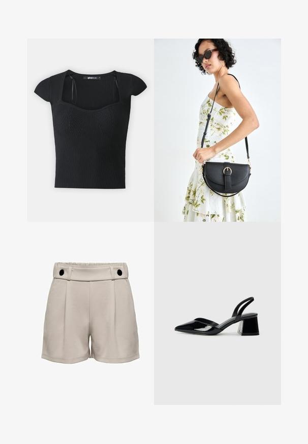 Sort ribbet striktop med korte ærmer, firkantet halsudskæring og tekstureret detaljering på bodice. Etiketten er synlig indeni kraven.; Lys beige shorts med høj talje, plisseret foran og to sorte knapper på taljebåndet. Blød tekstur og afslappet design.; Sorte patentlæder slingback hæle med spids tå og en geometrisk blok hæl. Har et elegant, minimalistisk design og en glat tekstur.; Sort læderhåndtaske med en buet form, aftagelig rem og guldfinish. Tasken har en klap med en spænde detalje.