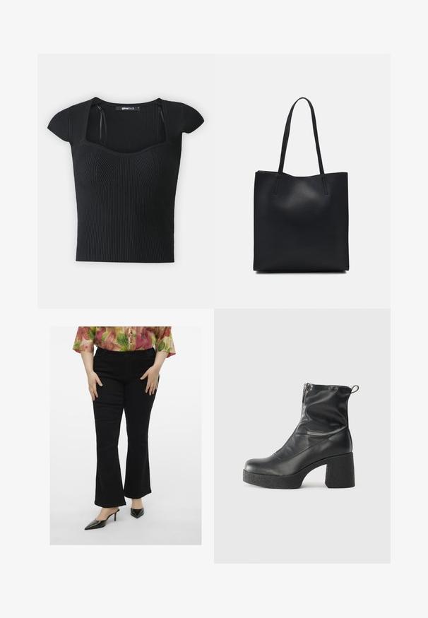 Čierny rebrovaný pletený top s krátkymi rukávmi, štvorcovým výstrihom a textúrovanými detailmi na korzete. Etiketa viditeľná vo vnútri goliera.; Čierne zvonové džínsy s hladkou textúrou, s piatimi vreckami a stredne vysokým pásom. Spárované s čiernymi špicatými podpätkami a kvetinovou košeľou.; Čierne členkové topánky z hladkej kože, so bočným zipsom, robustnou textúrovanou pätnou časťou a zaobleným dizajnom špičky.; Čierna kožená taška na rameno s hladkým povrchom, obdĺžnikovým tvarom a dvoma dlhými uchami. Bez viditeľného kovania alebo ozdôb.