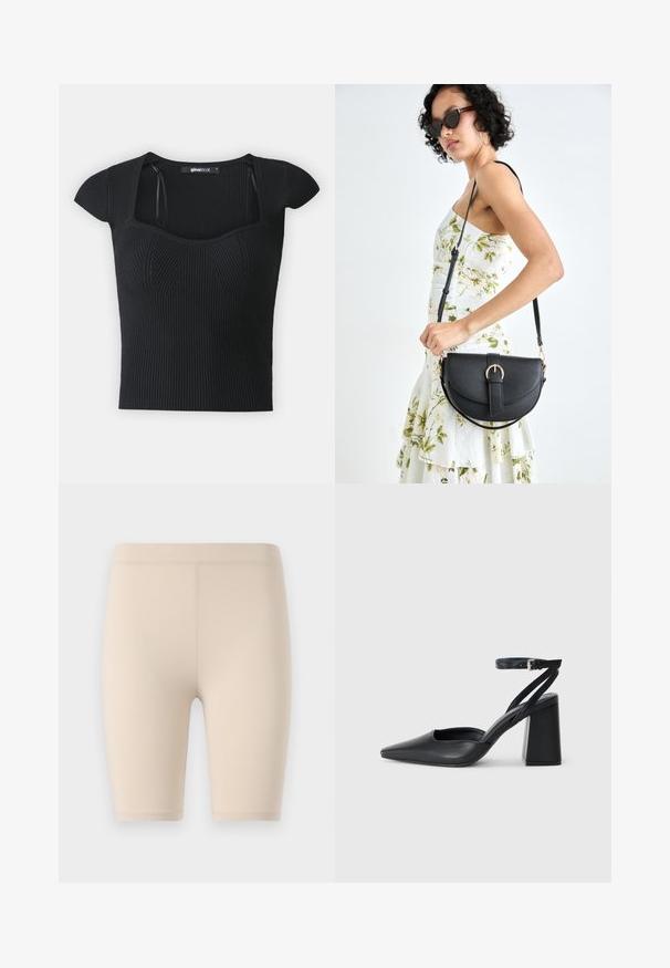 Črn rebrast pleten vrh s kratkimi rokavi, kvadratnim izrezom in teksturiranimi detajli na telesu. Oznaka vidna znotraj ovratnika.; Bež kratke hlače za kolesarjenje, narejene iz raztegljive tkanine. Dolžina do sredine stegna z gladkim pasom. Brez vidnih vzorcev ali dodatkov.; Črne usnjene klasične čevlje z ostrim nosom, z zaponko za gleženj in debelim peto. Ravna tekstura, eleganten dizajn in minimalistična estetika.; Črna usnjena torbica s ukrivljeno obliko, z odstranljivo naramnico in zlatimi dodatki. Torbica ima pokrov s podrobnostmi v obliki zaponke.