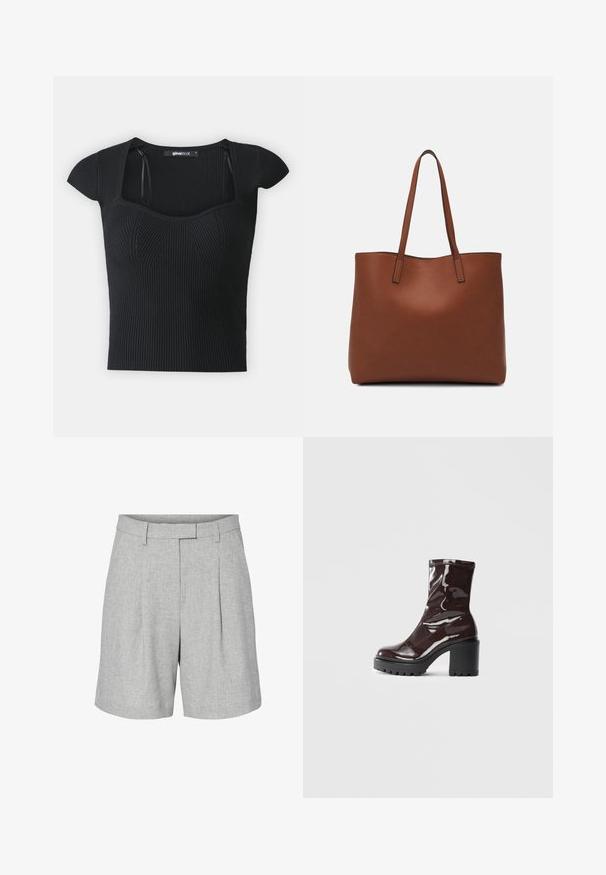 Černý pletený top s krátkými rukávy, čtveratým výstřihem a texturou na těle. Štítek viditelný uvnitř límce.; Světlé šedé přizpůsobené šortky vyrobené z texturované tkaniny, které mají pás, sklady a rovný střih nohavic.; Lesklá bordó kotníková bota s masivním černým podpatkem, se hladkým povrchem a jednoduchým designem. Žádné viditelné zapínání ani vzory.; Hnědá kožená taška přes rameno s hladkou texturou, otevřeným designem a dvěma ramenními popruhy. Obsahuje minimální švy a žádné viditelné kovové prvky.