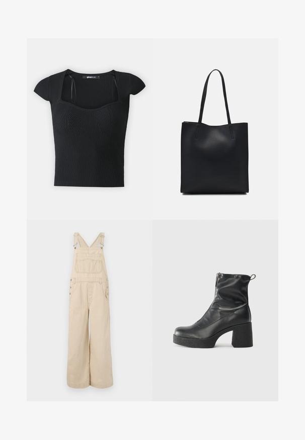 Fekete bordázott kötött felső rövid ujjakkal, négyzet alakú dekoltázzsal és texturált díszítéssel a test részen. Címke látható a gallér belső részén.; Beige csíkozott mellény széles lábakkal, állítható pántokkal, fém gombokkal, elülső zsebekkel és egy mellzsebbel.; Fekete bokacsizmák sima bőrből, oldalsó cipzárral, vastag, texturált sarkú és lekerekített orrú dizájnnal.; Fekete bőrtáska sima felszínnel, téglalap alakú, két hosszú füllel. Nincs látható fémkiegészítő vagy díszítés.