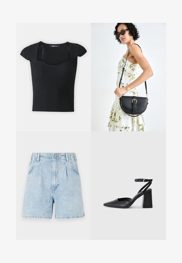 Fekete bordázott kötött felső rövid ujjakkal, négyzet alakú dekoltázzsal és texturált díszítéssel a test részen. Címke látható a gallér belső részén.; Világoskék farmer rövidnadrág magas derékkal, elülső pliszékkel, két oldalsó zsebel és gombos záródással. Puha, texturált anyag.; Fekete bőr, hegyes orrú magassarkú cipő boka pánttal és vastag sarokkal. Sima textúra, elegáns dizájn és minimális esztétika.; Fekete bőrtáska ívelt formával, levehető pánttal és arany színű fémrészekkel. A táskán egy csattal díszített fedél található.