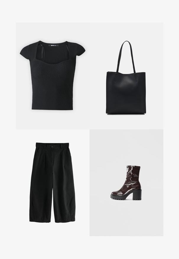 Musträbiga lühikeste varrukatega kampsun, ruudukujuline kaelus ja tekstuuriga detailid rinnal. Silt on nähtav krae sees.; Mustad laiad puuvillased püksid, millel on nupuga kinnitamine, ees voldid ja küljetaskud; sile tekstuur ja vaba lõige.; Klakav läikiv burgundi värvi pahkluu saabas, millel on paks must konts, sile tekstuur ja lihtne disain. Nähtavad kinnitused või mustrid puuduvad.; Mustast nahast kott sujuva tekstuuriga, ristkülikukujuline ja kahe pika sangaga. Pole nähtavat riistvara ega kaunistusi.