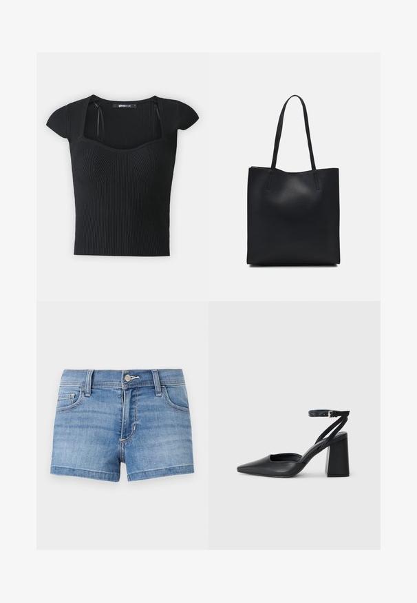 Melnā ribota trikotāžas blūze ar īsām piedurknēm, kvadrātveida izgriezumu un struktūras detaļām uz ķermeņa. Etiķete redzama iekšpusē apkaklītē.; Gaiši zili džinsu šorti ar klasisku piecu kabatu dizainu, ietverot metāla pogas aizdari un redzamu šuvumu gar malu.; Melna ādas augstpapēžu kurpe ar norakstīto purngala formu, potītes siksniņu un masīlu papēdi. Gluda tekstūra, elegants dizains un minimālisma estētika.; Melnas ādas somiņa ar gludu tekstūru, taisnstūra formu un divām garām rokturiem. Nav redzamu aparatūras vai rotājumu.