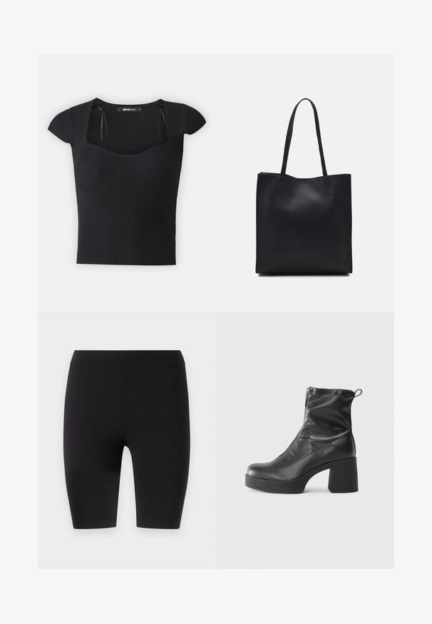 Melnā ribota trikotāžas blūze ar īsām piedurknēm, kvadrātveida izgriezumu un struktūras detaļām uz ķermeņa. Etiķete redzama iekšpusē apkaklītē.; Melnas ceļgala garuma legingi, izgatavoti no elastīga auduma. Iespējojama gluda tekstūra un plata elastīga jostasvieta komfortam un pielāgošanai.; Melni potītes zābaki, kas izgatavoti no gludas ādas, ar sānu rāvējslēdzēju, masīvu strukturētu papēdi un noapaļotu purngalu.; Melnas ādas somiņa ar gludu tekstūru, taisnstūra formu un divām garām rokturiem. Nav redzamu aparatūras vai rotājumu.