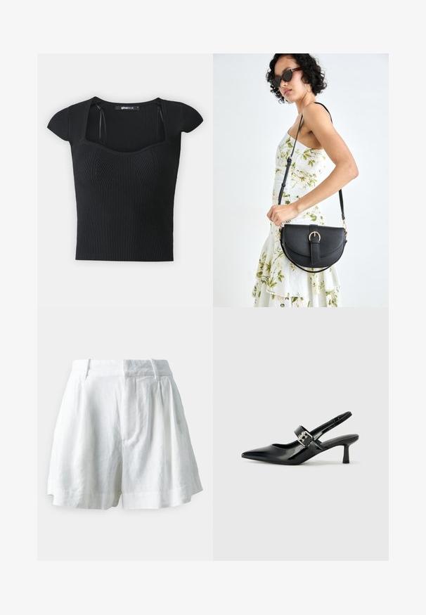 Sort ribbet striktop med korte ærmer, firkantet halsudskæring og tekstureret detaljering på bodice. Etiketten er synlig indeni kraven.; GAP Shorts - new off white; Sorte laker slingback hæle med spids tå og en lille blokhæl, med en sølvspændeaccent på remmen.; Sort læderhåndtaske med en buet form, aftagelig rem og guldfinish. Tasken har en klap med en spænde detalje.