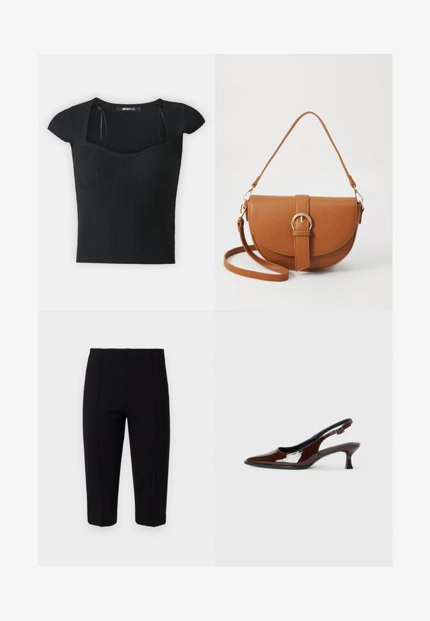 Melnā ribota trikotāžas blūze ar īsām piedurknēm, kvadrātveida izgriezumu un struktūras detaļām uz ķermeņa. Etiķete redzama iekšpusē apkaklītē.; Melnas īsas bikses, izgatavotas no elastīga auduma, ar šuvju detaļām priekšā un pieguļošu griezumu, nodrošinot gludu siluetu.; Brūnas patentētas ādas sprauga kurpes ar norādītu pirkstu un mērenu papēdi. Aprīkotas ar sprādzi, lai nodrošinātu drošu fit. Gluda tekstūra.; Brūns ādas plecu soma ar izliekta formu, zelta piederumiem un sprādzes akcentu. Iesaiņota ar noņemamu plecu siksnu.