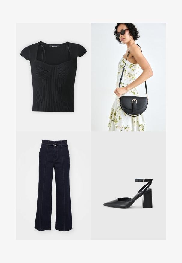 Musträbiga lühikeste varrukatega kampsun, ruudukujuline kaelus ja tekstuuriga detailid rinnal. Silt on nähtav krae sees.; Tumedat teksased kraapides laiemad püksid kõrge vöökohaga, vöölenksud, nähtav vöö ning kontrastne õmblus ees.; Mustmustest must-käigukingad, millel on konksuga nöör ja paks konts. Ühtlane tekstuur, stiilne disain ja minimalistlik esteetika.; Mustmust mustraha kõverate joontega, eemaldatava rihmaga ja kuldsete detailidega. Kotil on klapp, millel on pandladetail.