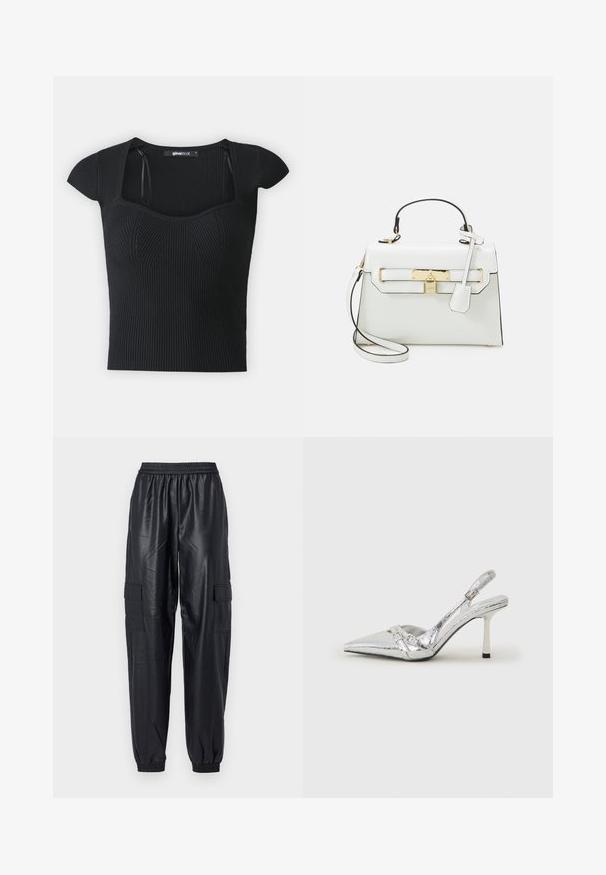 Fekete bordázott kötött felső rövid ujjakkal, négyzet alakú dekoltázzsal és texturált díszítéssel a test részen. Címke látható a gallér belső részén.; Fekete cargo nadrág fényes szintetikus anyagból, rugalmas derékrésszel, beszűkült mandzsettákkal és két oldalsó cargo zsebbel.; Ezüst slingback magas sarkú cipő hegyes orral, fémszerű felülettel, két dekoratív pánttal és vékony sarkú, fekete végű dizájnnal.; Fehér kézitáska krokodilbőr textúrával, arany hardware-rel, felső fogantyúval és levehető vállpánttal; zárható fedéllel és minimalista dizájnnal rendelkezik.