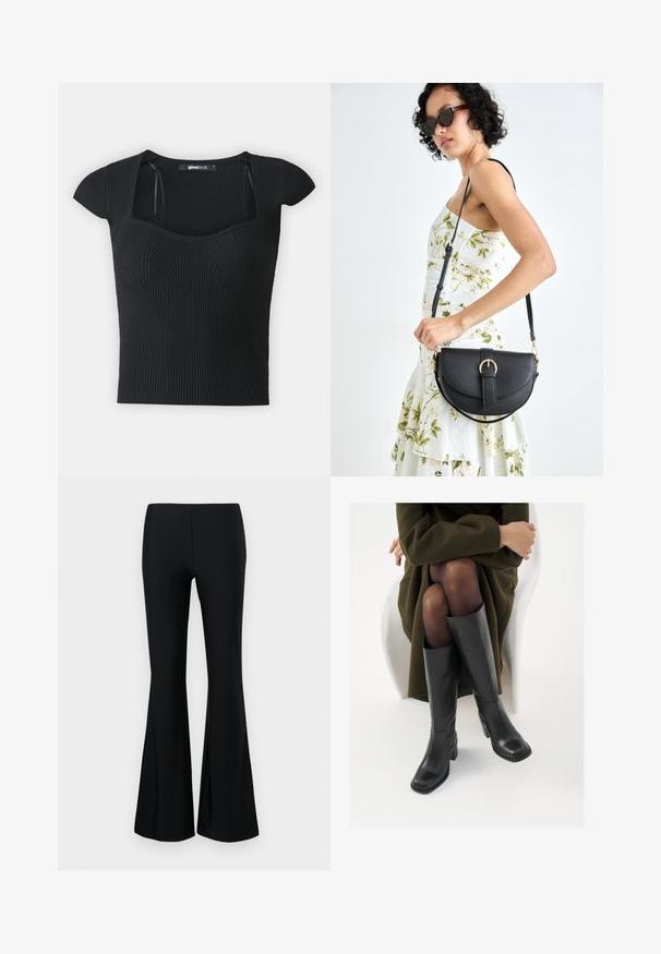 Sort ribbet striktop med korte ærmer, firkantet halsudskæring og tekstureret detaljering på bodice. Etiketten er synlig indeni kraven.; Sorte flared bukser lavet af letvægtsstof med et subtilt perforeret mønster. Silhuetten er tætsiddende over låret og flared ud i bunden.; Knæhøje sorte læder støvler med firkantet tå og blokhæl, vist med en model siddende i en olivengrøn frakke. Glat tekstur, minimal detaljer.; Sort læderhåndtaske med en buet form, aftagelig rem og guldfinish. Tasken har en klap med en spænde detalje.