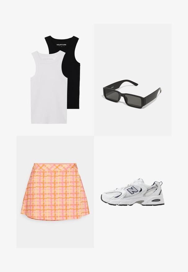 Két testhez simuló trikó fekete és fehér színben. Bordázott pamutból készült, széles pántokkal és kerek kivágással rendelkezik. A galléron logó található.; Rózsaszín A-vonalú szoknya, sárga és narancssárga geometrikus mintával. Simító anyagból készült, oldalsó gombos záródással.; Fehér sportcipő hálós felsőrészével, sötétkék kiegészítőkkel és párnázott talppal. Jellemzője az "N" logó, a fűzők és a textúrázott részlet az oldalon.; Fekete napszemüveg, téglalap alakú lencsékkel, matt műanyag vázzal és egyenes vonalakkal. A belső karon található a márka logója.