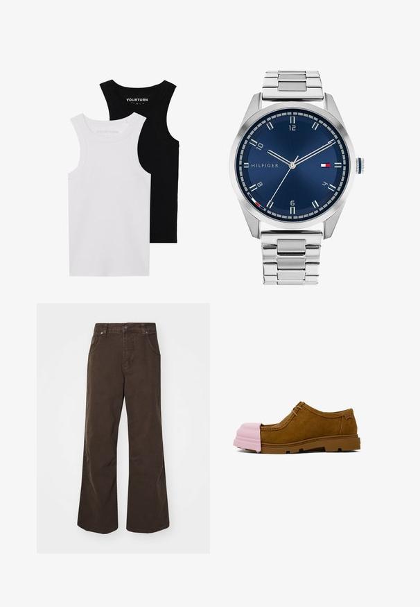 Dvoubarevné upnuté topy bez rukávů v černé a bílé barvě. Vyrobené z žebrované bavlny, mají široká ramínka a zaoblené výstřihy. Branding na límci.; Hnědé široké kalhoty z bavlny, s vysokým pasem, předními kapsami a hladkou texturou. Dokončení zahrnuje jemné detaily šití.; Hnědé semišové boty s růžovým gumovým krytem špičky a hnědou gumovou podrážkou. Obsahují šněrování a prošívaný design na vršku.; Stříbrné kovové hodinky s broušeným modrým ciferníkem, bílými hodinovými indexy a zobrazením data. Mají spojený kovový pásek a logo značky.; Stříbrný řetízek s výraznými články a centrálním kruhovým přívěskem s propracovanými detaily. Hladký, lesklý povrch kovu.