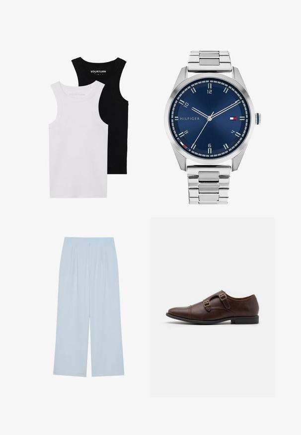 Deux débardeurs ajustés en noir et blanc. Fabriqués en coton côtelé, ils disposent de larges bretelles et d'un col arrondi. Marque sur le col.; Pantalons larges bleu clair en matériau lisse, avec des plis à l'avant et une taille élastique pour plus de confort.; Chaussure habillée en cuir marron avec un bout pointu, présentant deux boucles réglables et un design épuré et profil bas. Semelle plate en caoutchouc noir.; Montre en métal argenté avec un cadran bleu brossé, des index heures blancs et un affichage de la date. Comprend un bracelet métallique à maillons et le logo de la marque.
