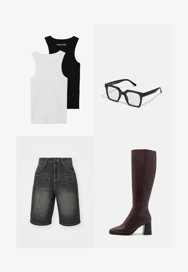 Divi pieguļoši iedobumi melnā un baltā krāsā. Izgatavoti no ribota kokvilnas, tiem ir platai siksnas un apaļi kakli. Zīmols uz apkakles.; Melni denima šorti ar baltām šuvēm, ar priekšējiem kabatām un relaksētu piegriezumu, ar vieglu nolietojumu tuvumā jostasvietai.; Zign LEATHER - Zābaki - bordeaux; Melnas kvadrātveida saulesbrilles ar matētu apdari, kurām ir caurspīdīgi objektīvi un viegli zila nokrāsa uz vienas puses. Izturīgs, stūrainais dizains.