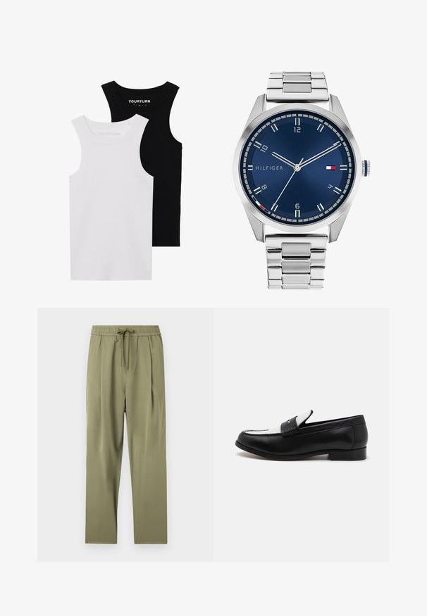 Dve priliehavé tielka v čiernej a bielej farbe. Vyrobené z rebrovanej bavlny, majú široké ramienka a okrúhle výstrihy. Značka na golieri.; Olivové nohavice s elastickým pásom a šnúrkou. Majú hladkú textúru a plisovaný dizajn pre uvoľnený strih.; Čierne kožené mokasíny s kontrastným bielym koženým panelom a šitím. Majú hladký povrch a nízky podpätok.; Strieborné kovové hodinky s brúseným modrým ciferníkom, bielymi indexmi a zobrazením dátumu. Majú prepojený kovový remienok a logo značky.
