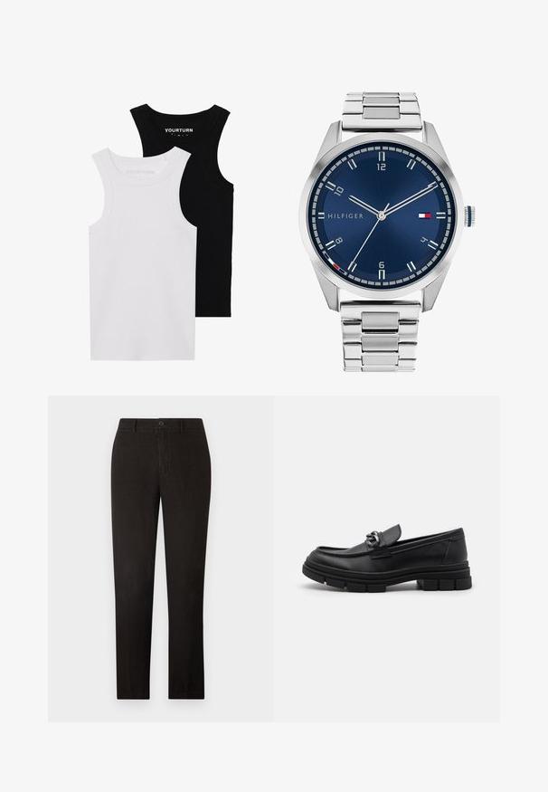 Two fitted tank tops in black and white. Made of ribbed cotton, they feature wide straps and rounded necklines. Branding on the collar.; 120% Lino MEN PANT - Trousers - black; Black leather loafer with a rounded toe, a decorative strap and hardware, and a chunky textured sole. Smooth finish with subtle detailing.; Silver metal watch with a brushed blue dial, white hour markers, and a date display. Features a linked metallic band and brand logo.; Silver chain necklace featuring thick links and a central circular pendant with intricate detailing. Smooth, reflective metal surface.