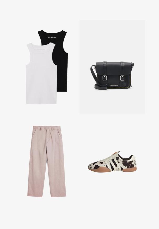Twee getailleerde tanktops in zwart en wit. Gemaakt van geribbelde katoen, ze hebben brede schouderbanden en afgeronde halslijnen. Merken op de kraag.; Lichtroze wijde broek gemaakt van zachte stof, met voorzakken en een knoopsluiting, voorzien van subtiele stiksel details.; Witte en zwarte leren schoenen met een patroon en een textuurafwerking, met drie witte horizontale strepen en een bruine rubberen zool.; Zwarte leren schoudertas met een klep, twee zilveren sluitingen, gele stiksels en een verstelbare schouderband. Beschikt over een gladde textuur en een compact ontwerp.