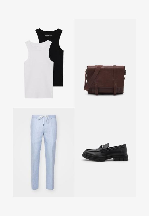 Deux débardeurs ajustés en noir et blanc. Fabriqués en coton côtelé, ils disposent de larges bretelles et d'un col arrondi. Marque sur le col.; Pantalons en lin bleu clair avec une coupe droite, dotés d'une taille à cordon de serrage et d'une texture lisse. Pas de poches visibles ni d'éléments décoratifs.; Mocassin en cuir noir avec un bout arrondi, une lanière décorative et des éléments en métal, et une semelle texturée épaisse. Finition lisse avec des détails subtils.; Sac en cuir marron de style messager avec un rabat plat à l'avant, deux sangles, des accents en métal doré et une bandoulière adjustable.; Montre en métal argenté avec un cadran bleu brossé, des index heures blancs et un affichage de la date. Comprend un bracelet métallique à maillons et le logo de la marque.