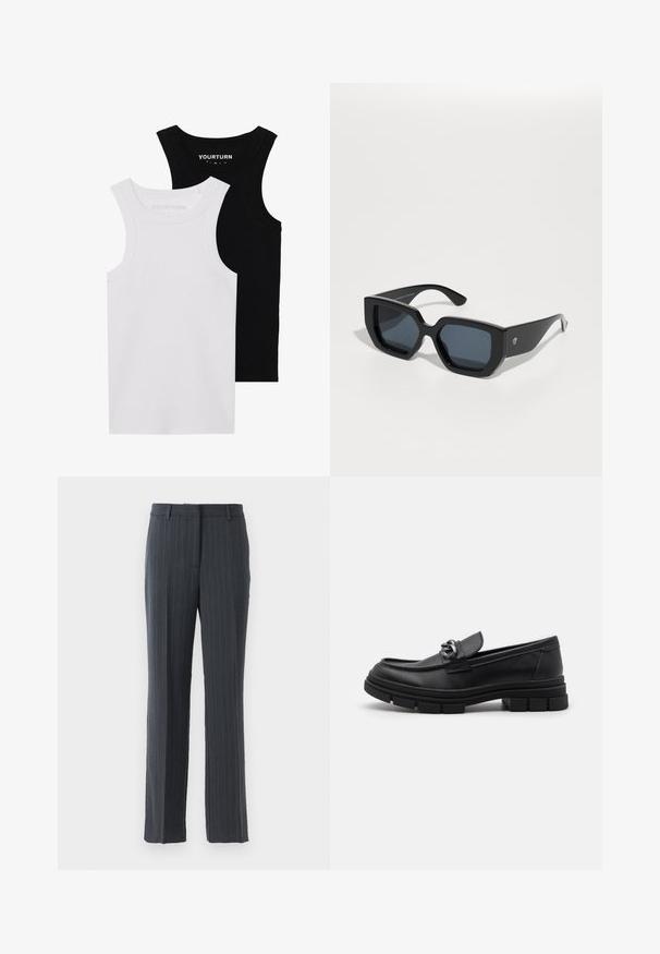 Két testhez simuló trikó fekete és fehér színben. Bordázott pamutból készült, széles pántokkal és kerek kivágással rendelkezik. A galléron logó található.; Sötétszürke csíkos, egyenes lábú öltönynadrág övhurkokkal és elülső cipzárral, fehér háttérrel.; Fekete bőr mokaszín, lekerekített orral, díszes pánttal és fém kiegészítővel, valamint vastag, texturált talppal. Simább felület, finom részletezéssel.; Fekete, oversized napszemüveg geometrikus mintával, téglalap alakú lencsékkel és fényes felülettel. Az elülső részén nincs látható márkajelzés.; Fehér gyöngy nyaklánc sima textúrával, ezüst kapoccsal, amelyen a "HUGO" szó van domborítva. Egyenletes méretű gyöngyök, klasszikus dizájnban.