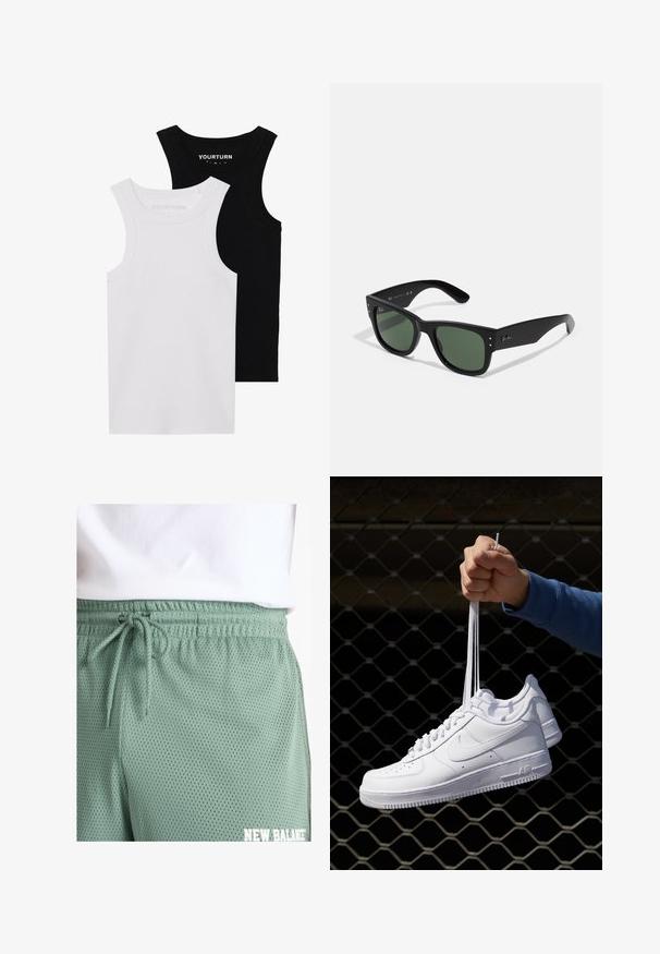 Two fitted tank tops in black and white. Made of ribbed cotton, they feature wide straps and rounded necklines. Branding on the collar.; Light green mesh shorts with an elastic waistband and drawstring. Features small perforations for breathability and white logo detail.; White leather sneakers with perforations, round toe, flat sole, and thick laces, featuring a visible swoosh logo and "AIR" on the heel.; Black rectangular sunglasses with green lenses, matte finish, subtle hardware accents, and embossed logo on the temple.