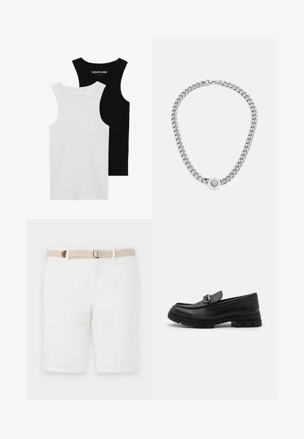 Two fitted tank tops in black and white. Made of ribbed cotton, they feature wide straps and rounded necklines. Branding on the collar.; White cotton shorts featuring a woven beige belt with a brown accent. The shorts have a clean design and a smooth texture.; Black leather loafer with a rounded toe, a decorative strap and hardware, and a chunky textured sole. Smooth finish with subtle detailing.; Silver chain necklace featuring thick links and a central circular pendant with intricate detailing. Smooth, reflective metal surface.