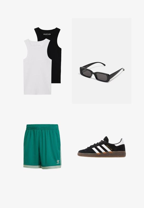 Du šonuotos liemenėlės juodos ir baltos spalvos. Pagamintos iš matinio medvilnės, jos turi plačias petnešas ir apvalius iškirpimus. Logotipas ant apykaklės.; Žalios tinklinės sportinės šortai su elastinga juosta. Juos puošia pilki akcentai ant kraštų ir mažas baltas Adidas logotipas apatiniame priekyje.; Juodos Adidas sportbačiai su baltais dryžiais, auksiniu „Spezial“ užrašu, guminėmis padais ir balta kulno juostele, rodomi šoninio vaizdo.; Juodos stačiakampės saulės akiniai su tamsiais lęšiais, blizgiu paviršiumi, plačiomis kojelėmis ir masyviu rėmeliu. Ant vienos kojelės yra išgraviruotas prekės ženklas.