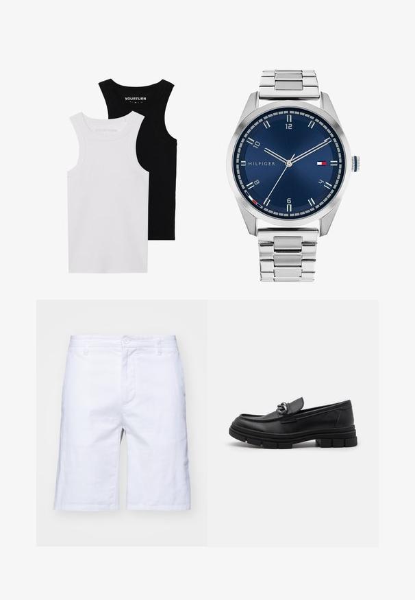 Twee getailleerde tanktops in zwart en wit. Gemaakt van geribbelde katoen, ze hebben brede schouderbanden en afgeronde halslijnen. Merken op de kraag.; Witte katoenen shorts met een rechte snit, ritssluiting en knoopsluiting. Bevat zijzakken en heeft een gladde textuur.; Zwarte leren instapper met een ronde neus, een decoratieve band en hardware, en een chunky, gestructureerde zool. Glad afwerking met subtiele details.; Zilveren metalen horloge met een geborstelde blauwe wijzerplaat, witte uurmarkeringen en een datumweergave. Voorzien van een geschakelde metalen band en het logo van het merk.; Zilveren ketting met dikke schakel en een centraal ronde hanger met ingewikkelde details. Gladde, reflecterende metalen oppervlakte.