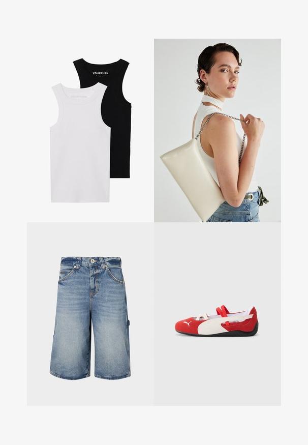 Divi pieguļoši iedobumi melnā un baltā krāsā. Izgatavoti no ribota kokvilnas, tiem ir platai siksnas un apaļi kakli. Zīmols uz apkakles.; Gaiši zila džinsu šorti ar brīvu piegriezumu. Iespējas ietver pogu aizdari, jostu cilpas un vairākas kabatas ar redzamām šuvēm.; Sarkani un balti zamšāda apavi ar zemu profilu, ar elastīgām siksnām un teksturētu melnu gumijas zoli. Puma logo sānos.; Balts taisnstūra clutch soma, izgatavota no spīdīga materiāla, ar sudraba ķēdes siksnu. Modelis pozē, demonstrējot somu uz vienkārša fona.