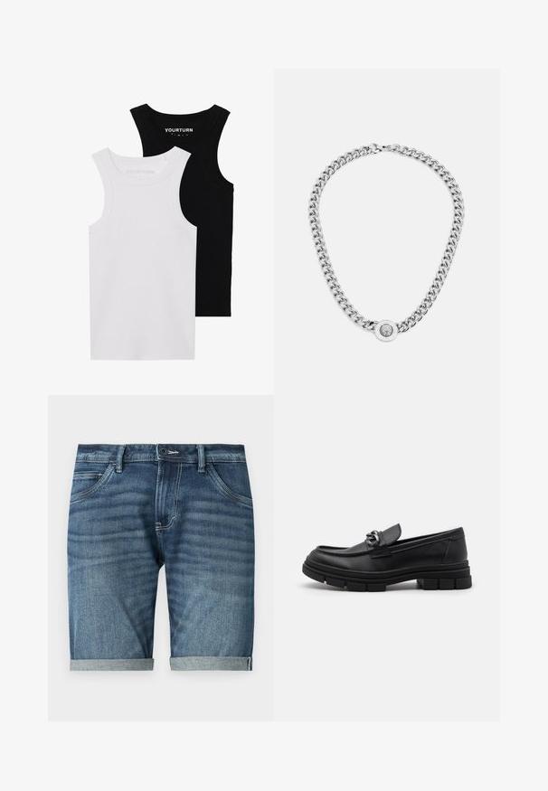 Divi pieguļoši iedobumi melnā un baltā krāsā. Izgatavoti no ribota kokvilnas, tiem ir platai siksnas un apaļi kakli. Zīmols uz apkakles.; Tumši zila džinsu šorti ar vieglu izbalēšanu. Rūpīgi izstrādātas ar sarullētām apakšmalām, piecu kabatu dizainu un priekšējo pogu aizdares sistēmu.; Melnas ādas loafer kurpes ar noapaļotu purngalu, dekoratīvu jostu un aparatūru, kā arī masīvu teksturētu zoli. Gluda virsma ar smalkām detaļām.; Sudraba ķēdes kaklarota ar bieziem gredzeniem un centrālu apļa kulonu ar sarežģītu detaļu izstrādi. Gluda, atstarojoša metāla virsma.