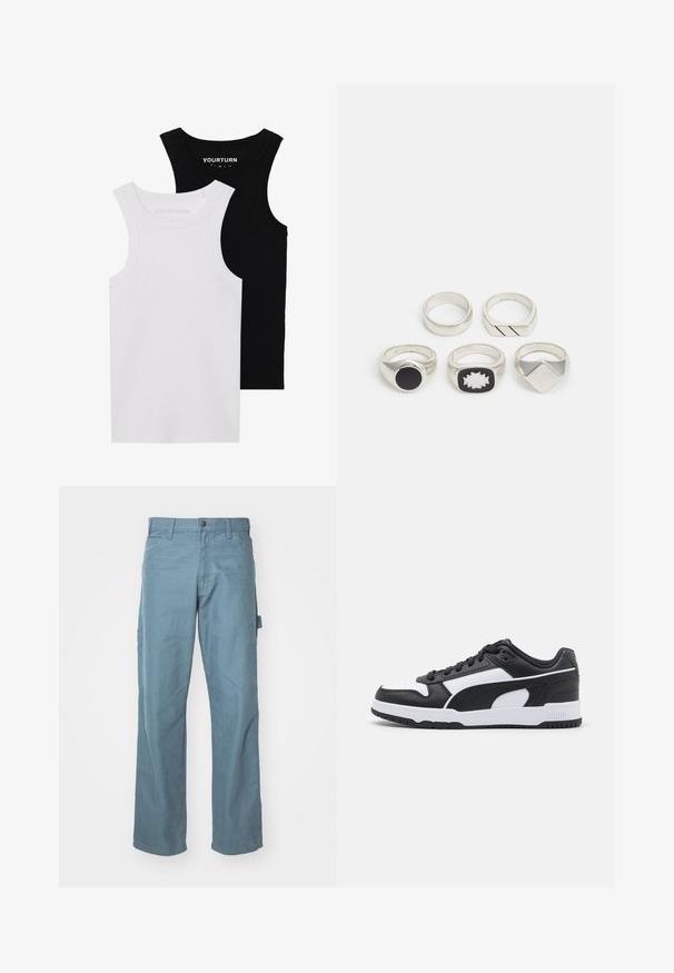 Dwa dopasowane topy na ramiączkach w kolorze czarnym i białym. Wykonane z prążkowanej bawełny, mają szerokie ramiączka i zaokrąglone dekolty. Logo na kołnierzu.; Jasnoniebieskie bawełniane spodnie cargo mają prosty krój nogawek, dwie kieszenie boczne oraz jedną pętelkę w talii dla lepszej funkcjonalności.; Czarno-białe trampki z skórzaną cholewką, teksturowanymi akcentami, wyściełanym językiem, sznurowanym designem oraz gumową podeszwą z rowkami.; Pięć srebrnych pierścionków: jeden z czarnym okrągłym detalem, jeden z białym i czarnym geometrycznym wzorem, a pozostałe o różnych kształtach i wykończeniach.