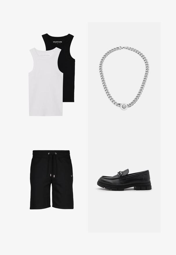 Two fitted tank tops in black and white. Made of ribbed cotton, they feature wide straps and rounded necklines. Branding on the collar.; Black cotton shorts with a drawstring waistband, silver eyelets, and subtle logo detail on the left side. Smooth texture and knee-length cut.; Black leather loafer with a rounded toe, a decorative strap and hardware, and a chunky textured sole. Smooth finish with subtle detailing.; Silver chain necklace featuring thick links and a central circular pendant with intricate detailing. Smooth, reflective metal surface.