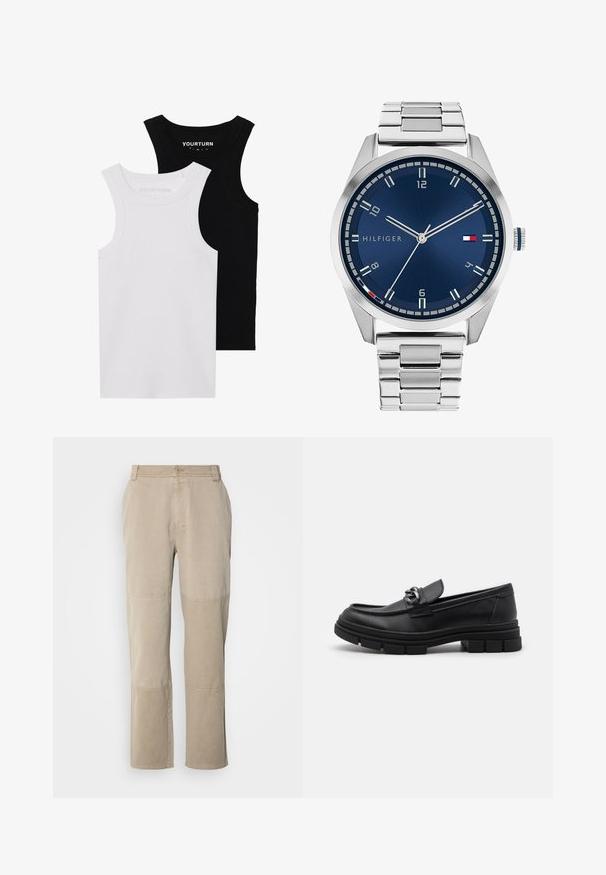 Dve priliehavé tielka v čiernej a bielej farbe. Vyrobené z rebrovanej bavlny, majú široké ramienka a okrúhle výstrihy. Značka na golieri.; Béžové bavlnené nohavice z twill látky so strihom rovného nohu, s prešitými akcentmi na kolenách a gombíkovým zapínaním v páse.; Čierne kožené mokasíny s okrúhlym špičkou, dekoračným pásikom a kovovými prvkami, a robustnou textúrovanou podrážkou. Hladký povrch s jemnými detailami.; Strieborné kovové hodinky s brúseným modrým ciferníkom, bielymi indexmi a zobrazením dátumu. Majú prepojený kovový remienok a logo značky.; Strieborný náhrdelník s reťazou, ktorý má hrubé články a centrálny kruhový pendant s zložitými detailmi. Hladký, odrazový povrch z kovu.