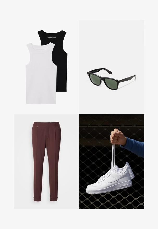 Due magliette attillate in nero e bianco. Realizzate in cotone a coste, presentano spalline larghe e scollature arrotondate. Marchio sul colletto.; Pantaloni su misura bordeaux con una texture liscia, dotati di passanti per cintura, pieghe frontali e orli arrotolati per un look aderente.; Sneakers in pelle bianca con perforazioni, punta rotonda, suola piatta e lacci spessi, con logo swoosh visibile e "AIR" sul tallone.; Occhiali da sole in plastica nera con lenti verdi, montatura quadrata, dettaglio argento sulla parte superiore e steli con texture. Marchio indicato sulla parte interna dello stelo.